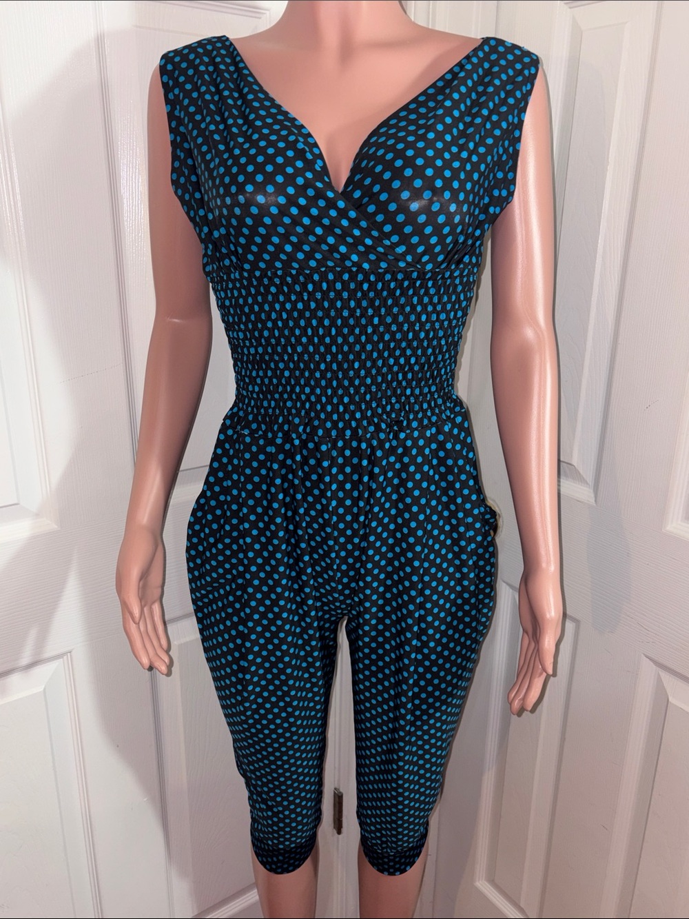 Teal Polka Dot Smocked Waist Jumpsuit